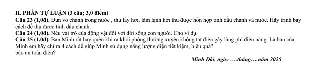 Đề thi Học kì 2 KHTN 6 năm 2024-2025 trường THCS Minh Đài (Phú Thọ)
