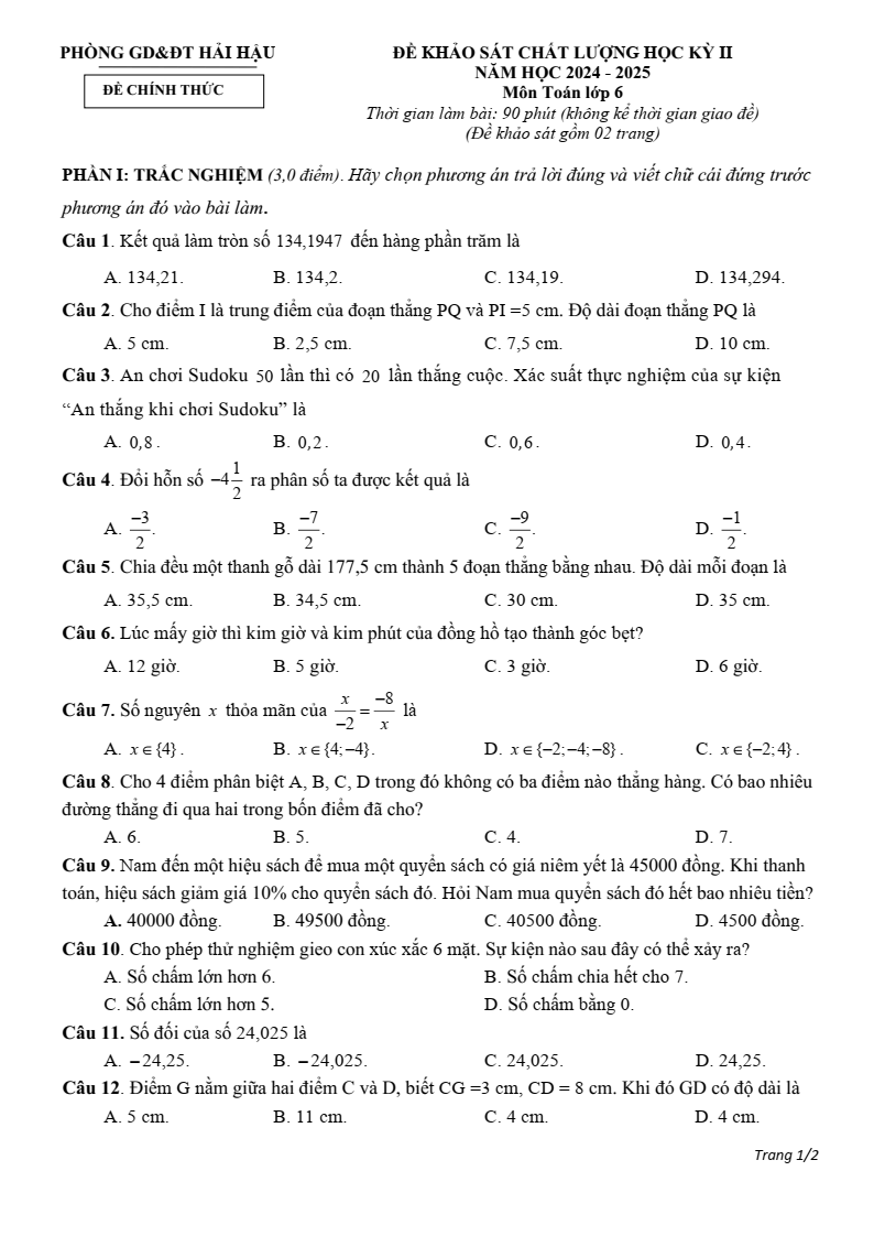 Đề thi Học kì 2 Toán 6 phòng GD&ĐT Hải Hậu (Nam Định) năm 2024-2025