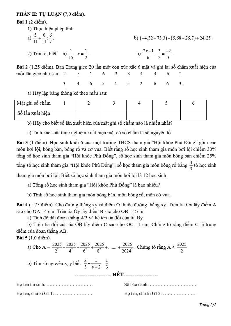 Đề thi Học kì 2 Toán 6 phòng GD&ĐT Hải Hậu (Nam Định) năm 2024-2025