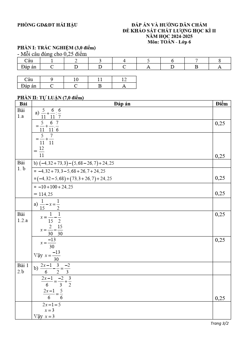 Đề thi Học kì 2 Toán 6 phòng GD&ĐT Hải Hậu (Nam Định) năm 2024-2025