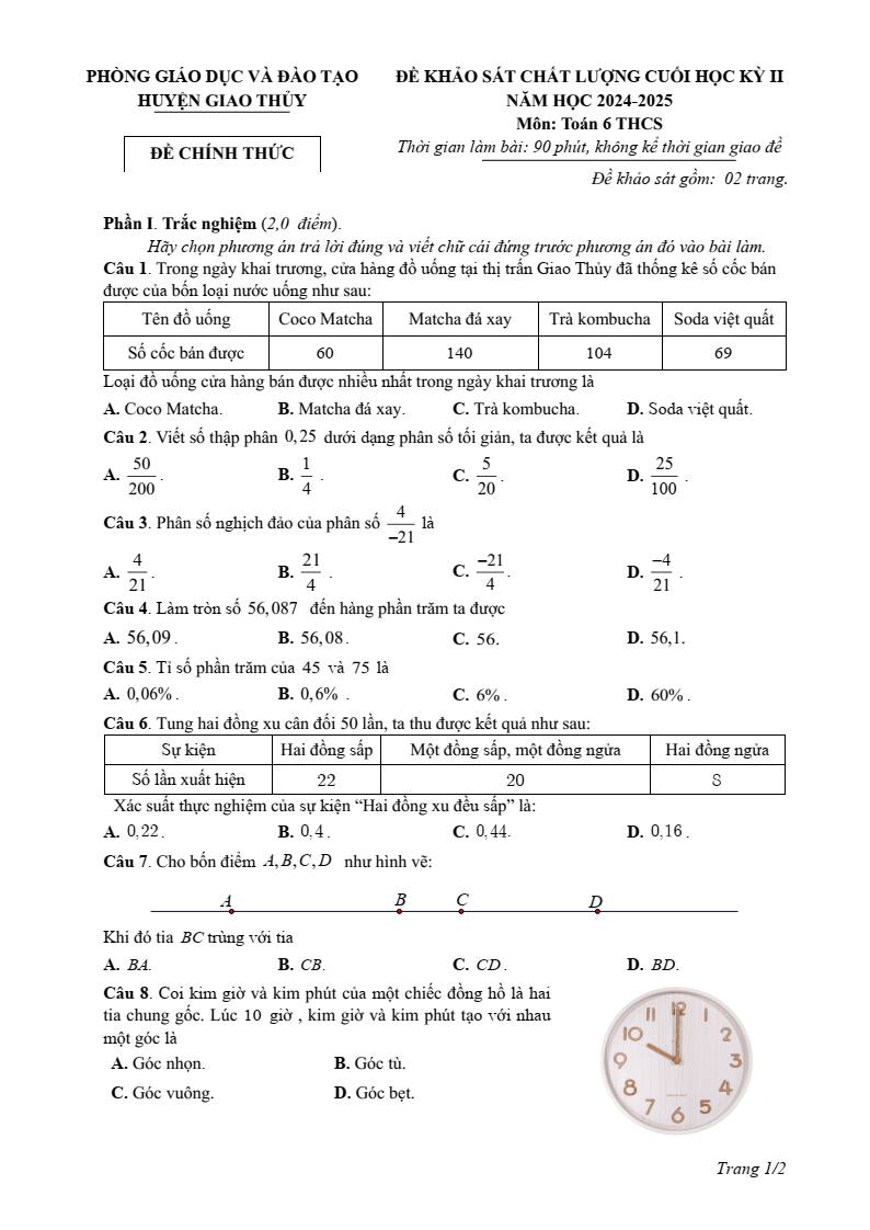 Đề thi Học kì 2 Toán 6 phòng GD&ĐT Giao Thủy (Nam Định) năm 2024-2025