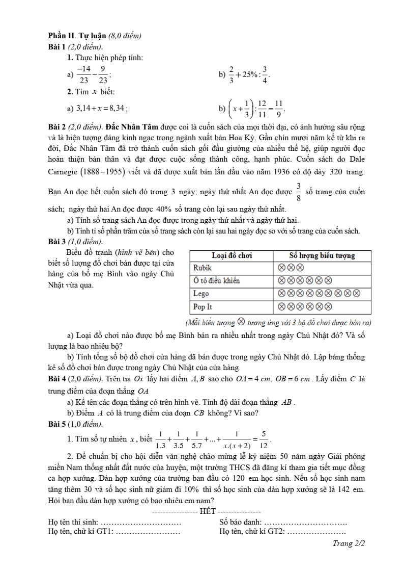Đề thi Học kì 2 Toán 6 phòng GD&ĐT Giao Thủy (Nam Định) năm 2024-2025