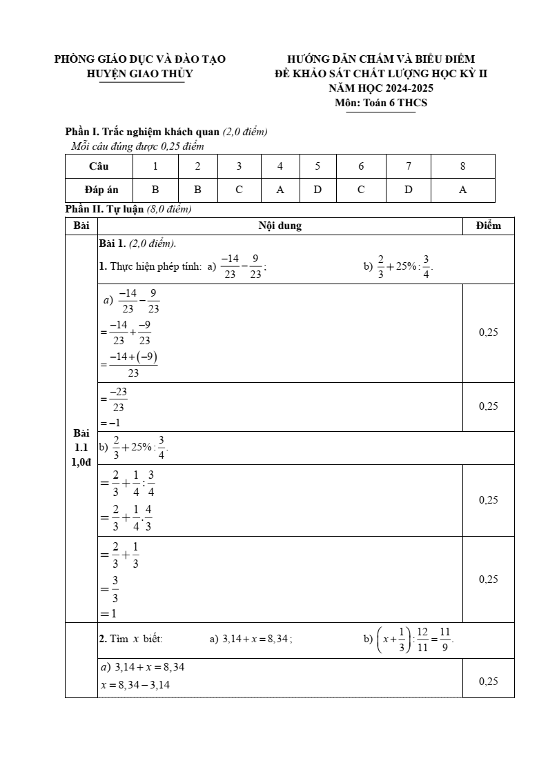 Đề thi Học kì 2 Toán 6 phòng GD&ĐT Giao Thủy (Nam Định) năm 2024-2025