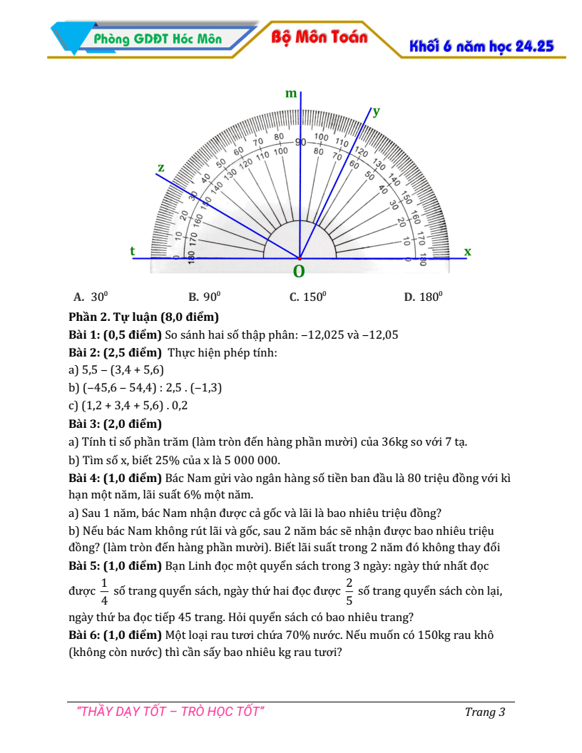 Đề thi Học kì 2 Toán 6 phòng GD&ĐT Hóc Môn (Tp.HCM) năm 2024-2025