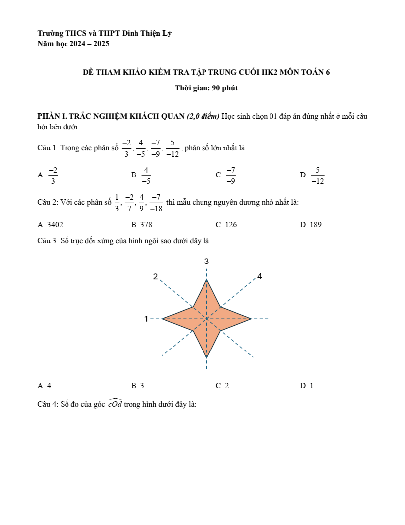 Đề thi Học kì 2 Toán 6 phòng GD&ĐT Quận 7 (Tp.HCM) năm 2024-2025