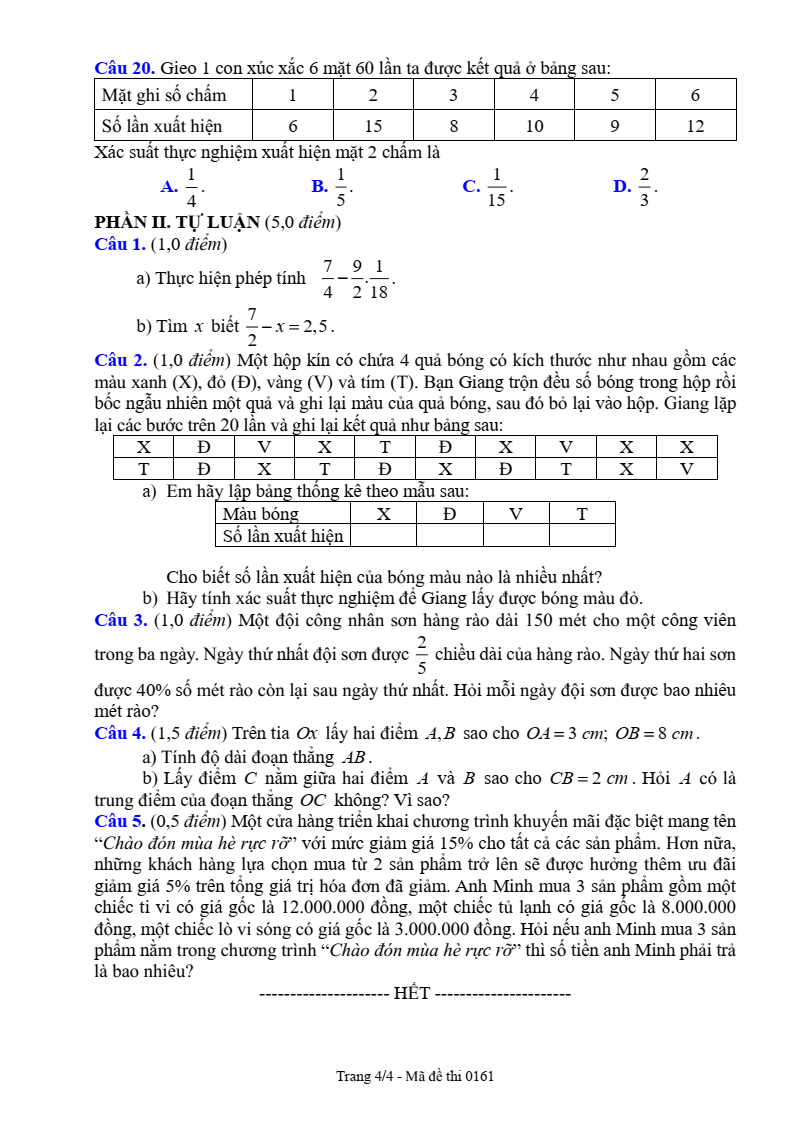 Đề thi Học kì 2 Toán 6 sở GD&ĐT Bắc Giang năm 2024-2025