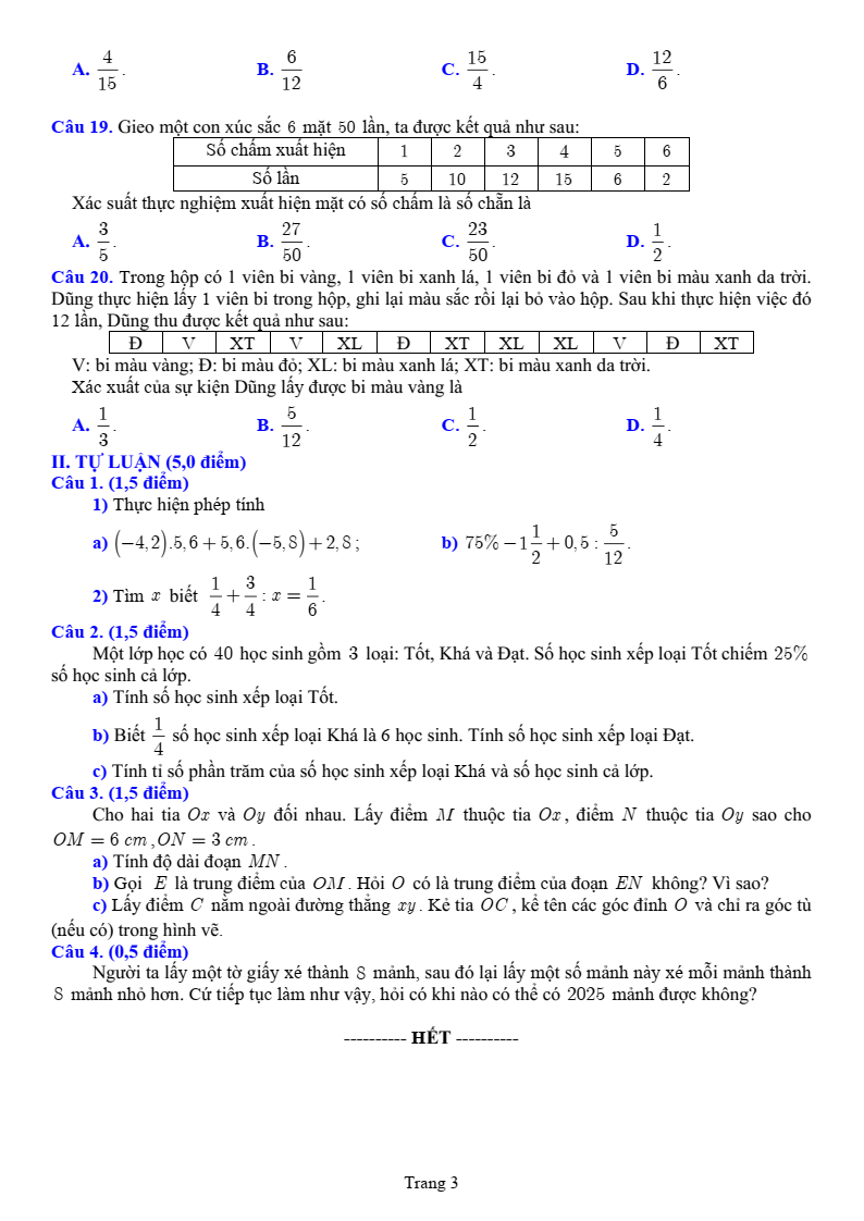 Đề thi Học kì 2 Toán 6 sở GD&ĐT Bắc Ninh năm 2024-2025