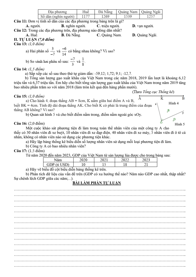 Đề thi Học kì 2 Toán 6 trường Lê Hồng Phong (Quảng Nam) năm 2024-2025