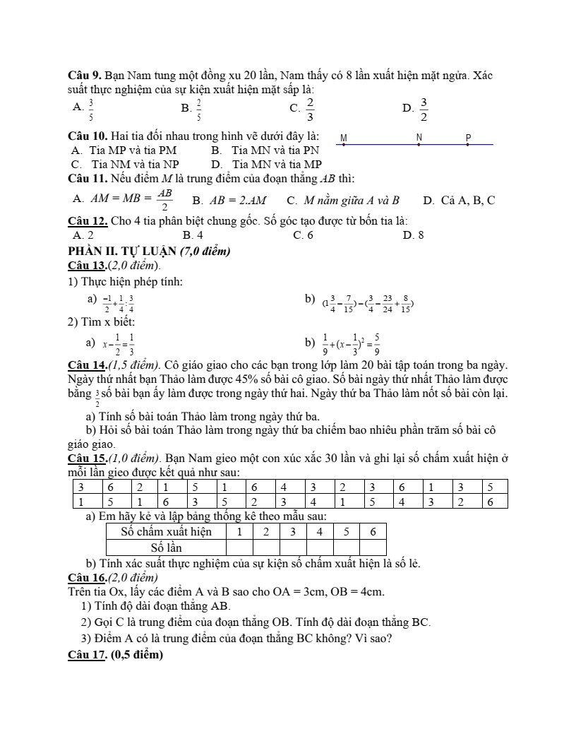 Đề thi Học kì 2 Toán 6 trường THCS Châu Giang (Hà Nam) năm 2024-2025