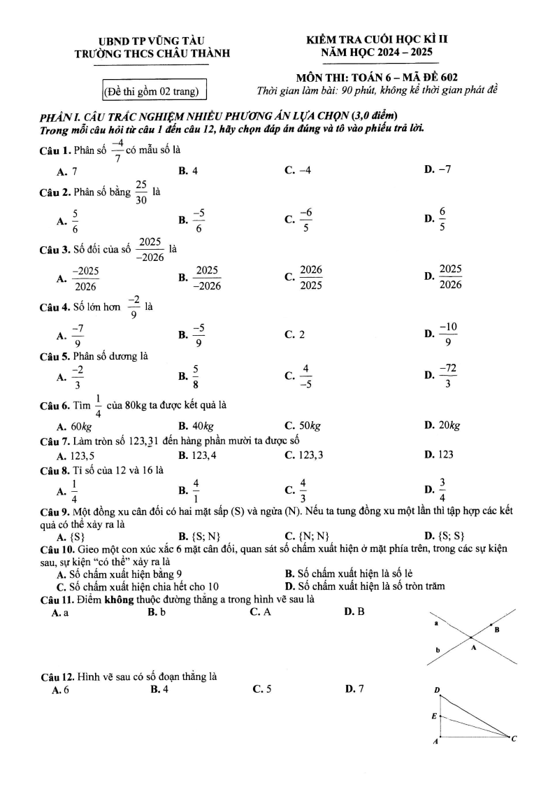 Đề thi Học kì 2 Toán 6 trường THCS Châu Thành (Bà Rịa - Vũng Tàu) năm 2024-2025