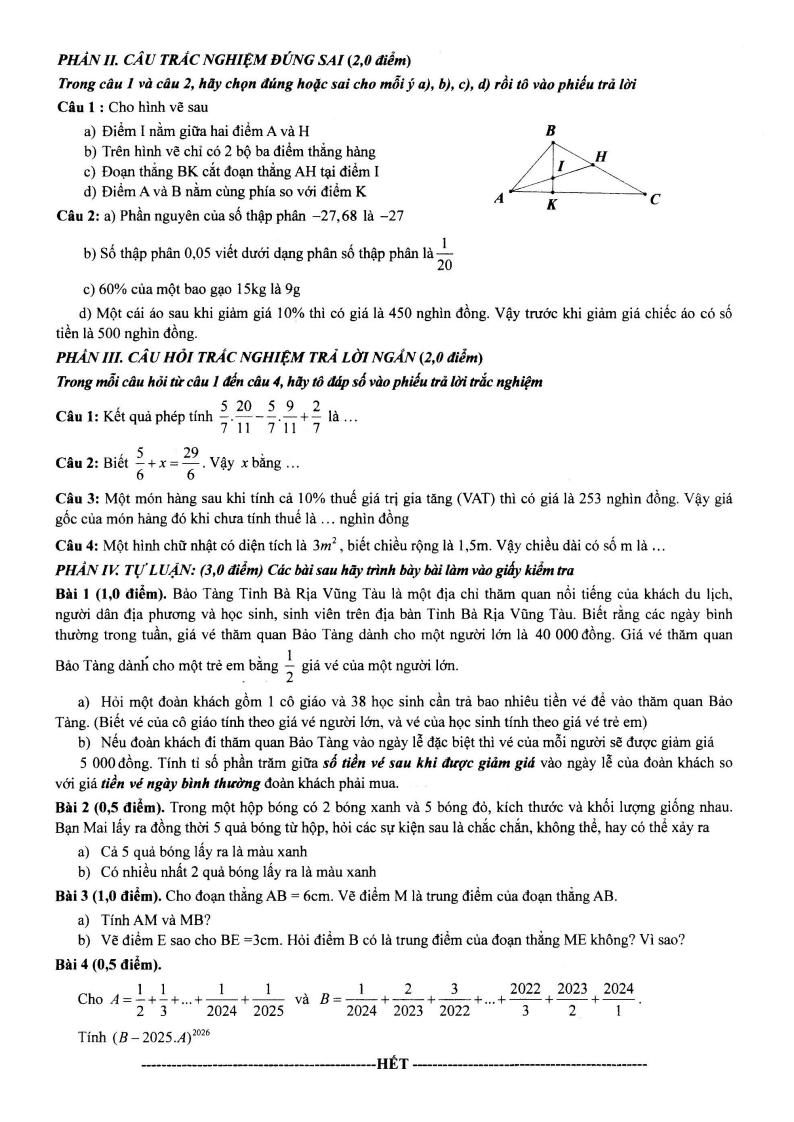 Đề thi Học kì 2 Toán 6 trường THCS Châu Thành (Bà Rịa - Vũng Tàu) năm 2024-2025