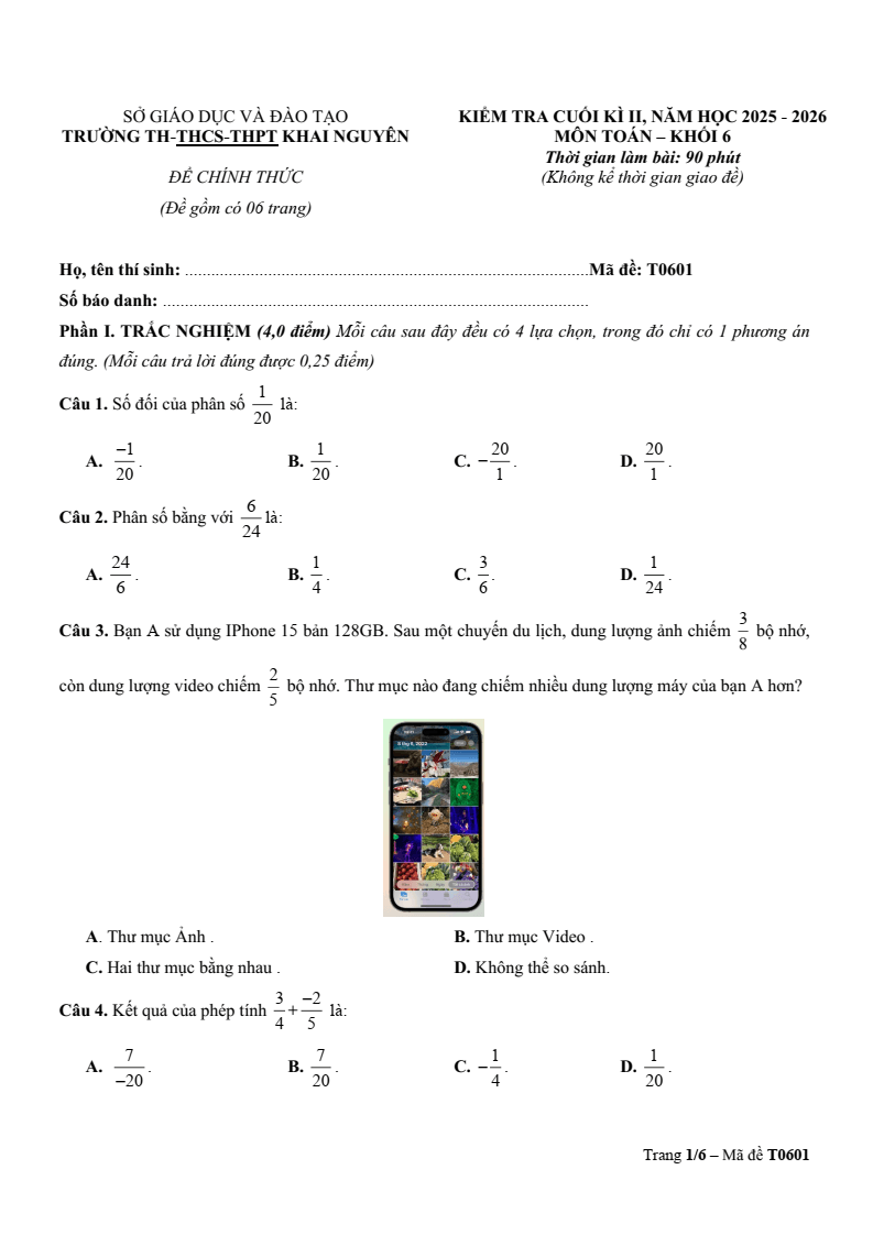 Đề thi Học kì 2 Toán 6 trường TH-THCS-THPT Khai Nguyên (TP HCM) năm 2025-2026