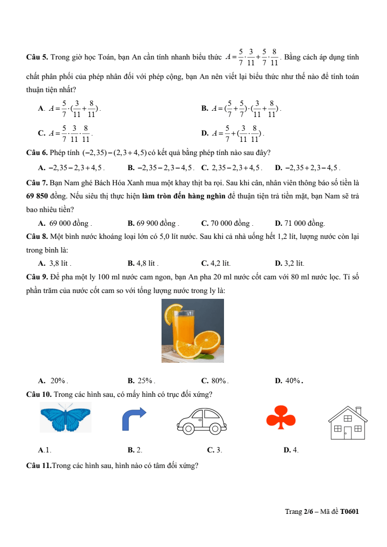Đề thi Học kì 2 Toán 6 trường TH-THCS-THPT Khai Nguyên (TP HCM) năm 2025-2026