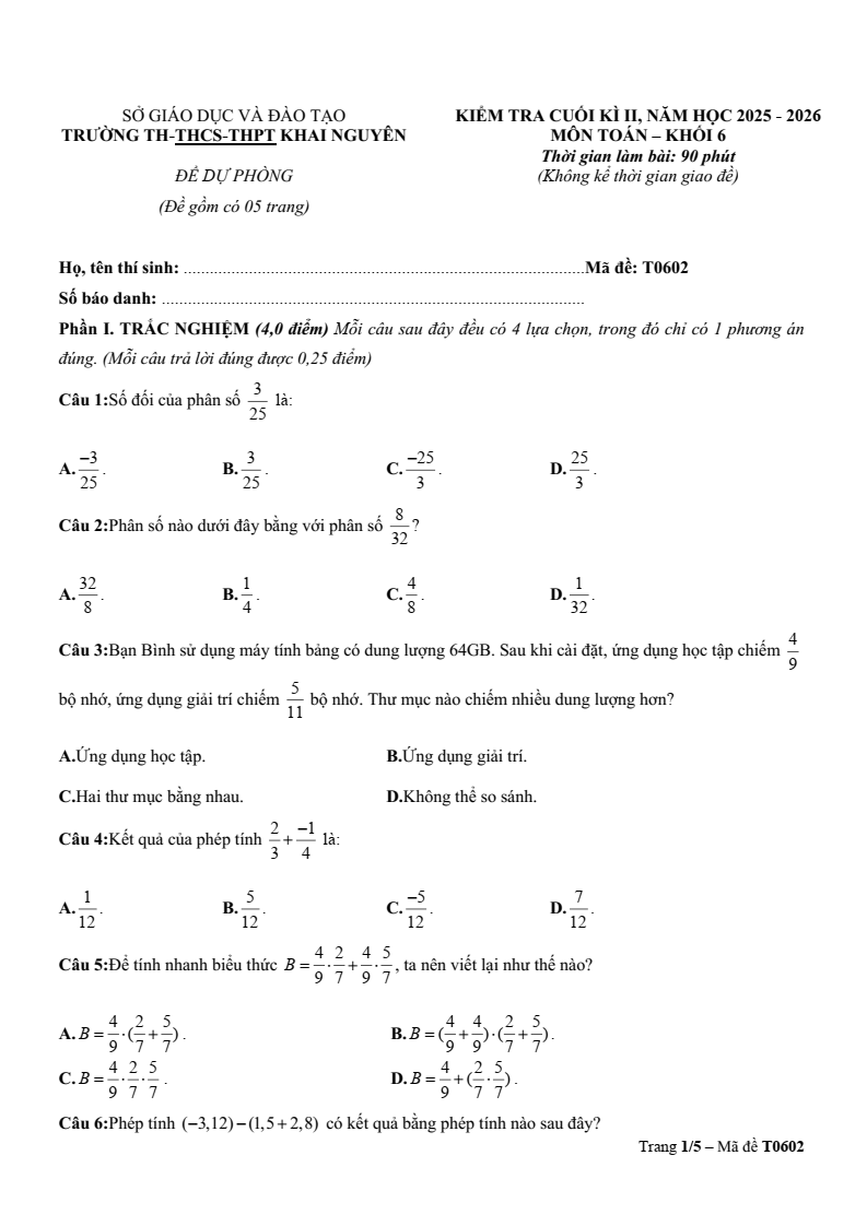 Đề thi Học kì 2 Toán 6 trường TH-THCS-THPT Khai Nguyên (TP HCM) năm 2025-2026
