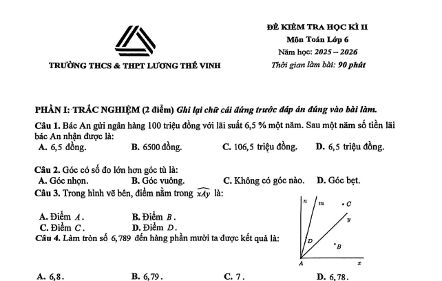 Đề thi Học kì 2 Toán 6 trường THCS & THPT Lương Thế Vinh (Hà Nội) năm 2025-2026