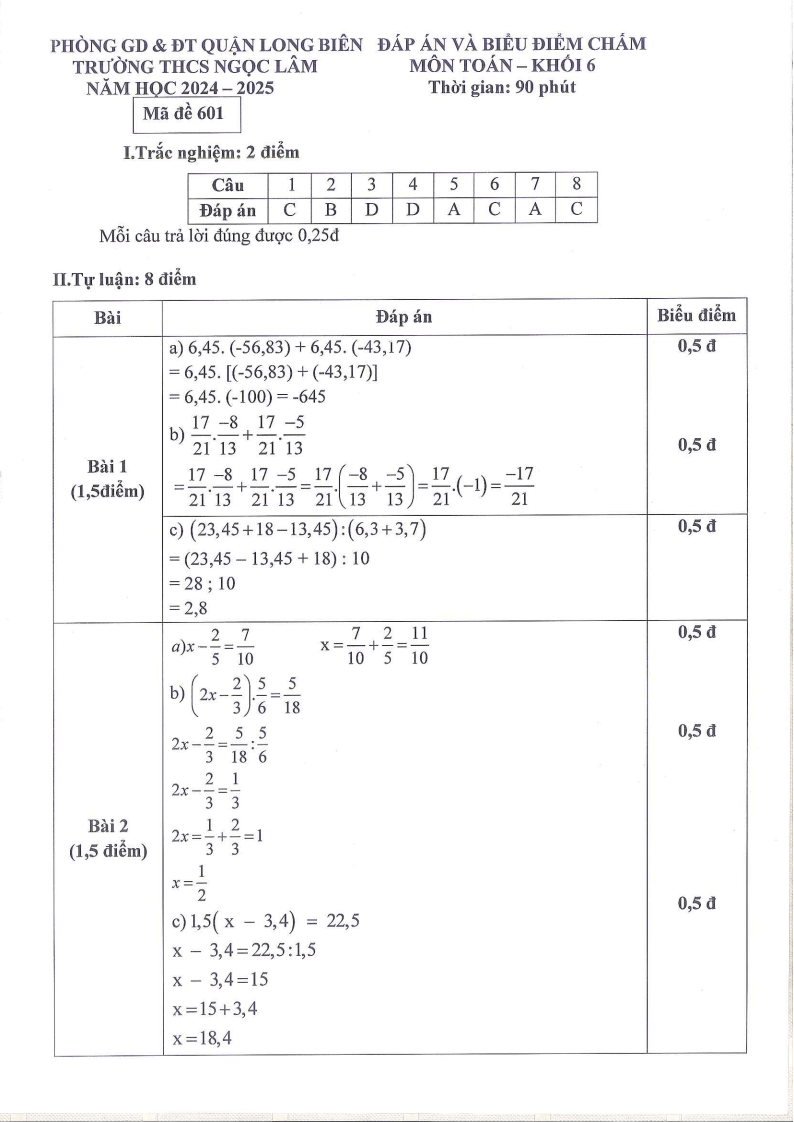 Đề thi Học kì 2 Toán 6 trường THCS Ngọc Lâm (Hà Nội) năm 2024-2025