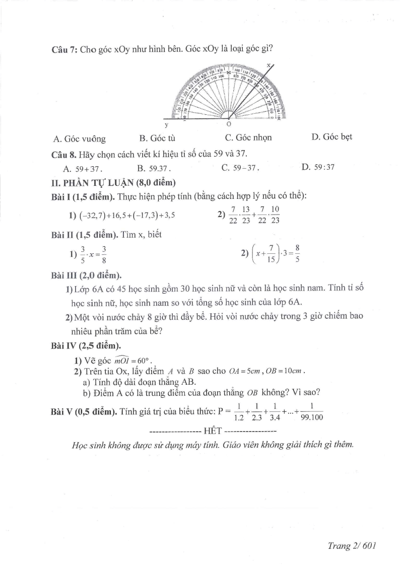 Đề thi Học kì 2 Toán 6 trường THCS Phúc Đồng (Hà Nội) năm 2024-2025