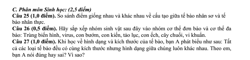 Đề thi Giữa kì 1 KHTN 6 năm 2025-2026 trường THCS Lý Tự Trọng (Đà Nẵng)