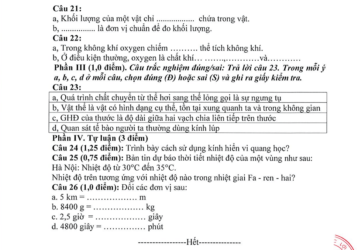 Đề thi Giữa kì 1 KHTN 6 năm 2025-2026 trường THCS Nguyễn Bỉnh Khiêm (Hà Nội)