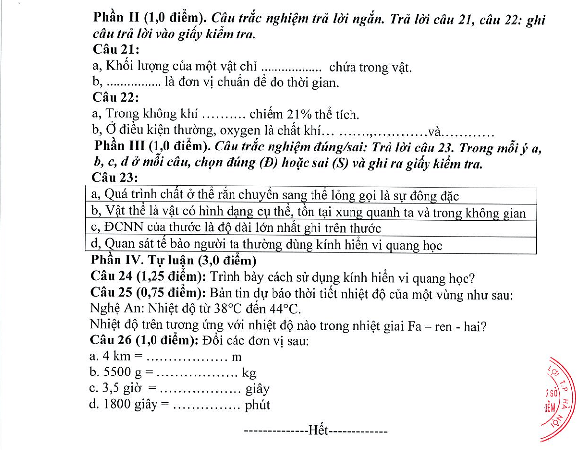 Đề thi Giữa kì 1 KHTN 6 năm 2025-2026 trường THCS Nguyễn Bỉnh Khiêm (Hà Nội)