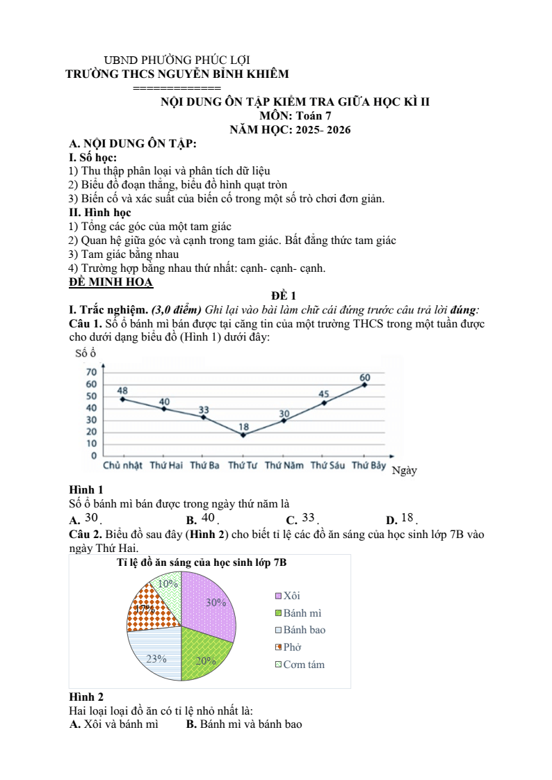 Đề cương ôn tập Giữa kì 2 Toán 7 trường THCS Nguyễn Bỉnh Khiêm (Hà Nội) năm 2025-2026