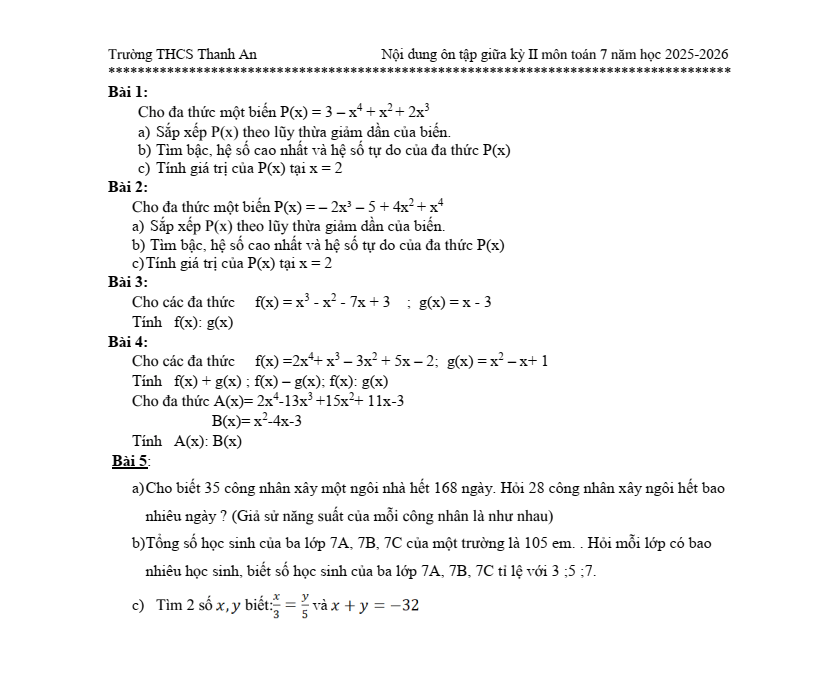 Đề cương ôn tập Giữa kì 2 Toán 7 trường THCS Thanh An (Quảng Trị) năm 2025-2026