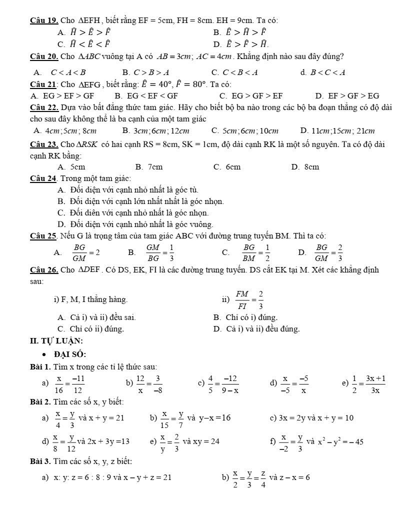 Đề cương ôn tập Giữa kì 2 Toán 7 trường THCS Thành Công (Hà Nội) năm 2025-2026