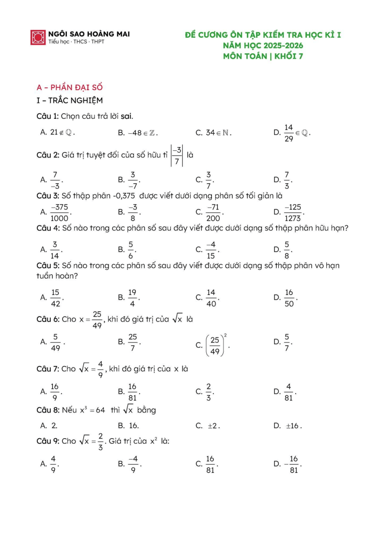 Đề cương ôn tập Học kì 1 Toán 7 trường Tiểu học - THCS - THPT Ngôi Sao Hoàng Mai năm 2025-2026
