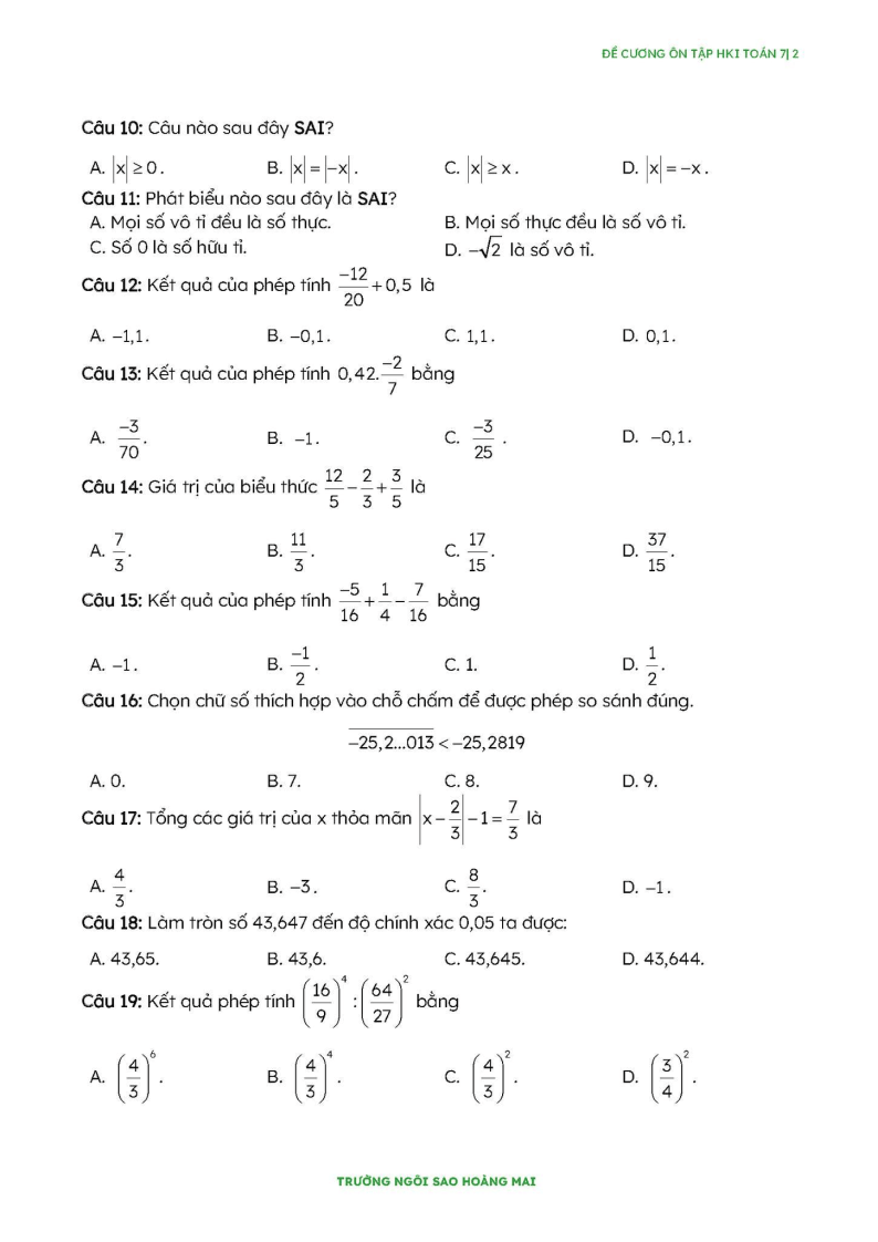 Đề cương ôn tập Học kì 1 Toán 7 trường Tiểu học - THCS - THPT Ngôi Sao Hoàng Mai năm 2025-2026