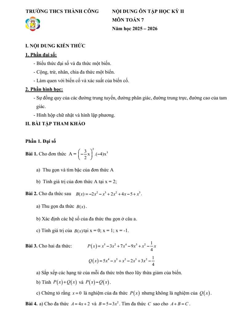 Đề cương ôn tập Học kì 2 Toán 7 trường THCS Thành Công (Hà Nội) năm 2025-2026