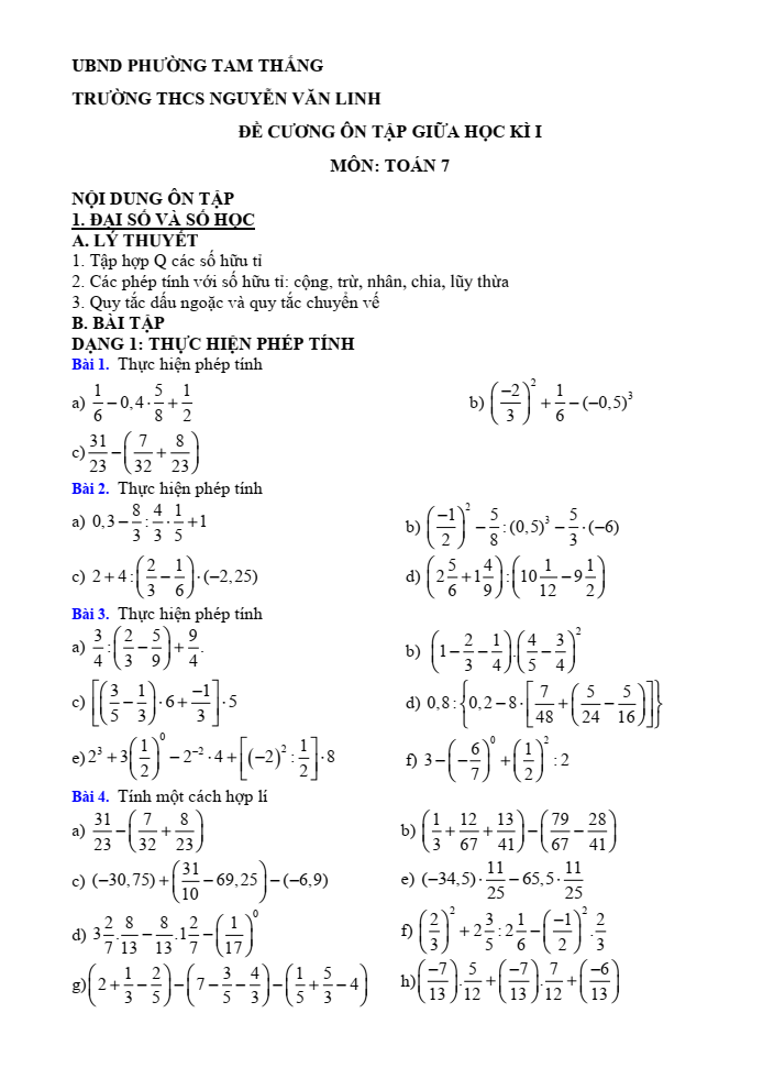 Đề cương ôn tập Giữa kì 1 Toán 7 trường THCS Nguyễn Văn Linh năm 2025-2026