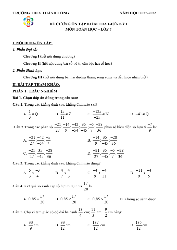 Đề cương ôn tập Giữa kì 1 Toán 7 trường THCS Thành Công năm 2025-2026