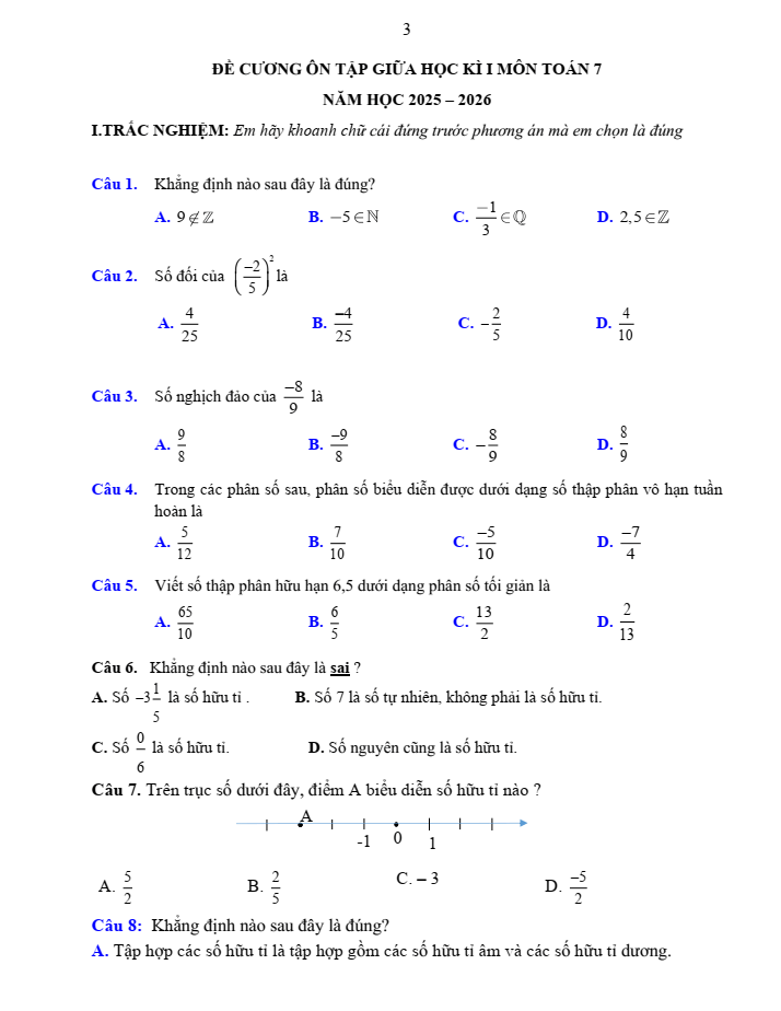 Đề cương ôn tập Giữa kì 1 Toán 7 trường THCS Tô Hoàng năm 2025-2026