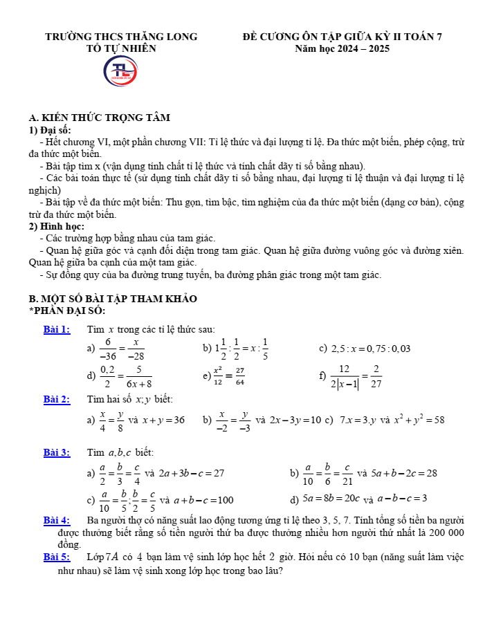 Đề cương ôn tập Giữa kì 2 Toán 7 trường THCS Thăng Long năm 2024-2025