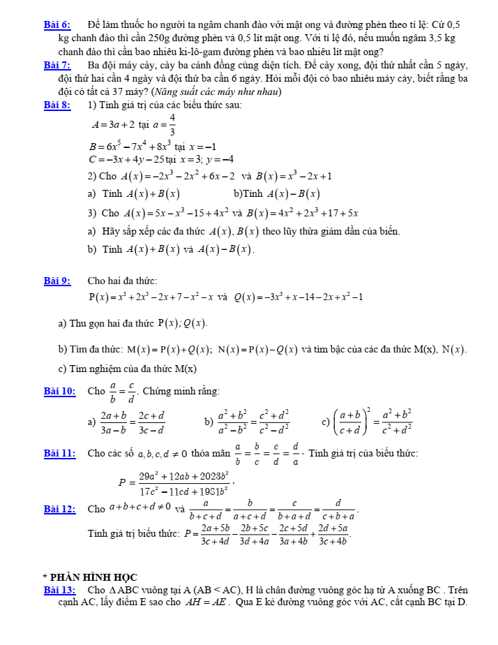 Đề cương ôn tập Giữa kì 2 Toán 7 trường THCS Thăng Long năm 2024-2025