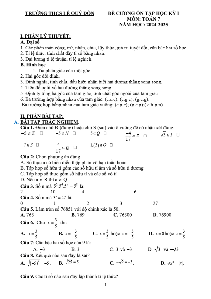 Đề cương ôn tập Học kì 1 Toán 7 trường THCS Lê Quý Đôn năm 2024-2025