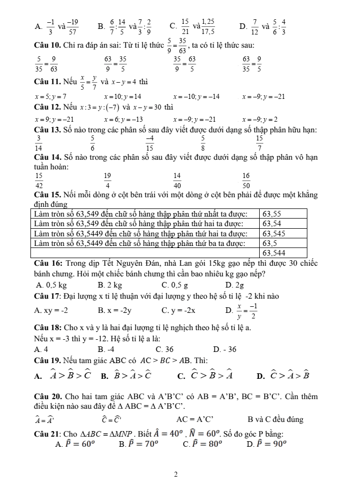 Đề cương ôn tập Học kì 1 Toán 7 trường THCS Lê Quý Đôn năm 2024-2025