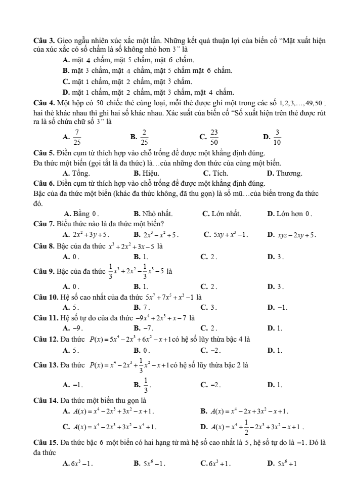Đề cương ôn tập Học kì 2 Toán 7 trường THCS Mạo Khê II năm 2024-2025