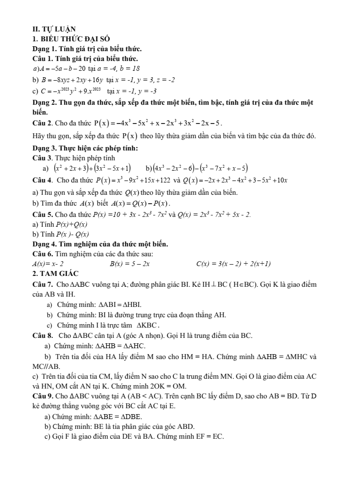 Đề cương ôn tập Học kì 2 Toán 7 trường THCS Mạo Khê II năm 2024-2025