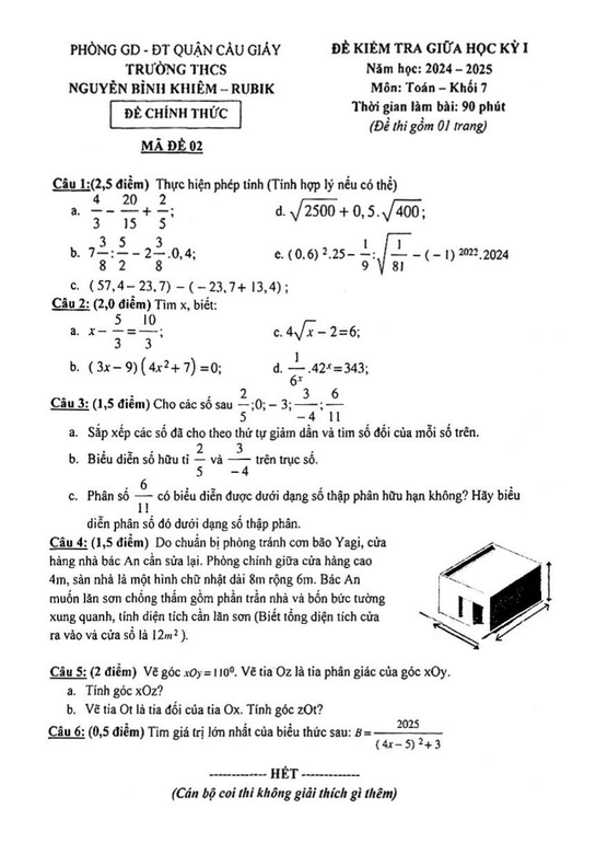 Đề thi Giữa kì 1 Toán 7 năm 2024-2025 Trường THCS Nguyễn Bỉnh Khiêm - Hà Nội