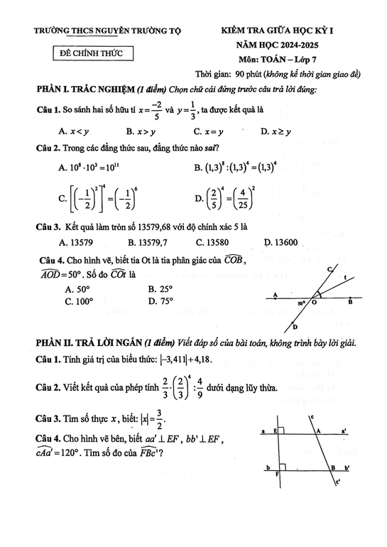 Đề thi Giữa kì 1 Toán 7 năm 2024-2025 Trường THCS Nguyễn Trường Tộ - Hà Nội