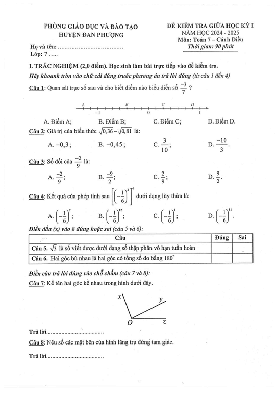 Đề thi Giữa kì 1 Toán 7 năm 2024-2025 phòng GD&ĐT Đan Phượng - Hà Nội