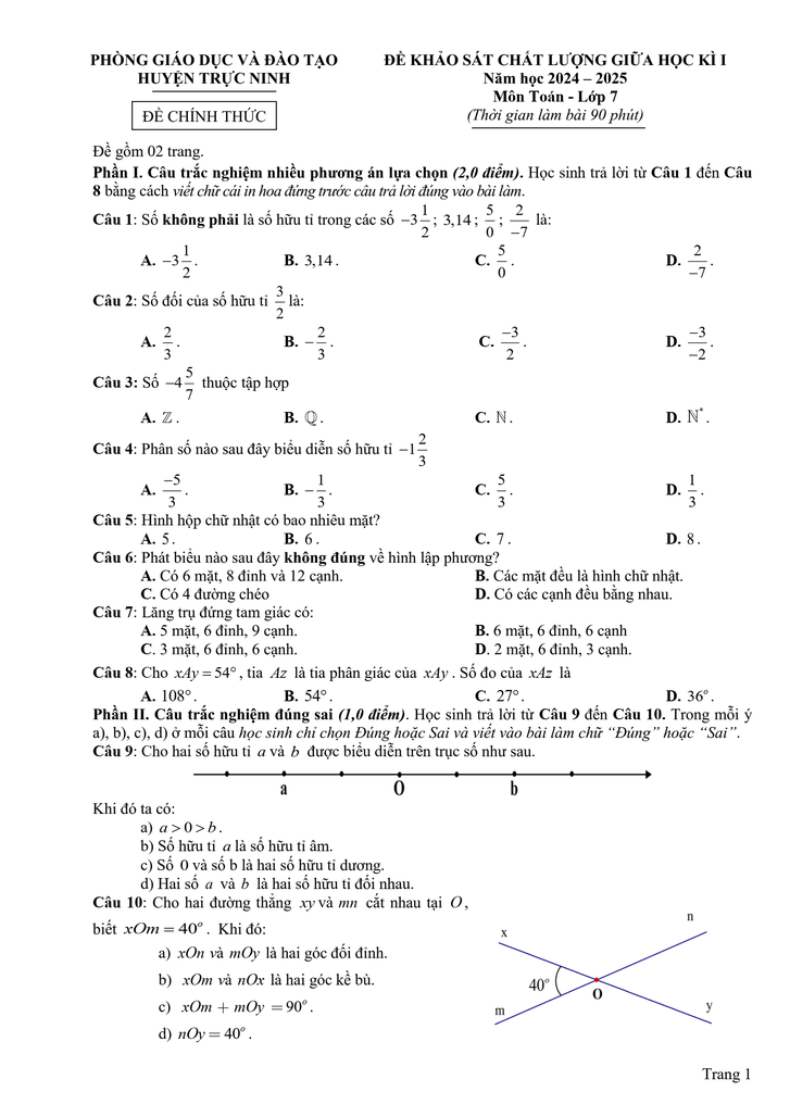 Đề thi Giữa kì 1 Toán 7 năm 2024-2025 phòng GD&ĐT Trực Ninh - Nam Định