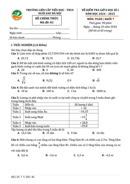 Đề thi Giữa kì 1 Toán 7 năm 2024-2025 trường TH & THCS Ngôi Sao Hà Nội