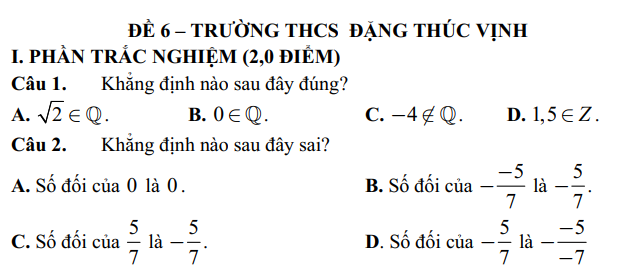 Đề thi Giữa kì 1 Toán 7 năm 2024-2025 Trường THCS Đặng Thúc Vịnh (Tp.HCM)