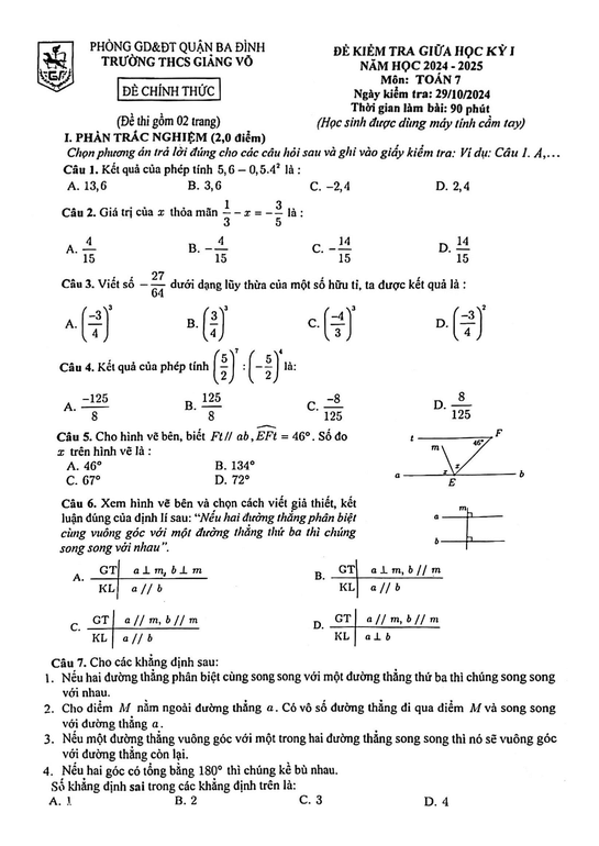 Đề thi Giữa kì 1 Toán 7 năm 2024-2025 Trường THCS Giảng Võ - Hà Nội
