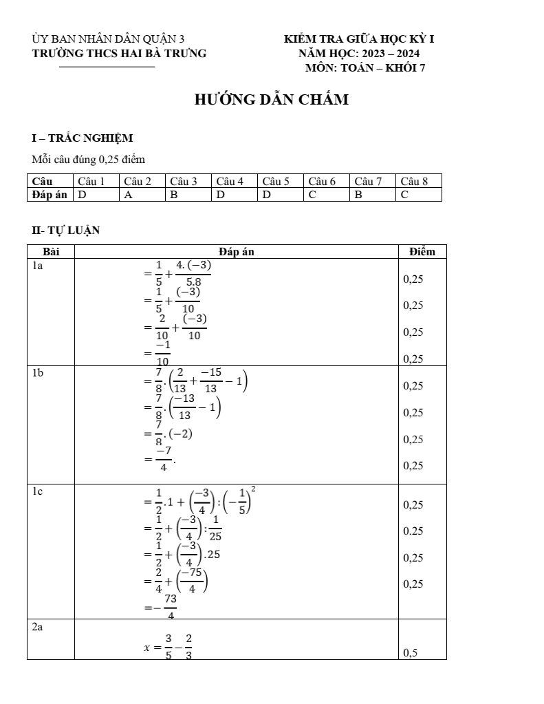 Đề thi Giữa kì 1 Toán 7 năm 2024-2025 Trường THCS Hai Bà Trưng (Tp.HCM)