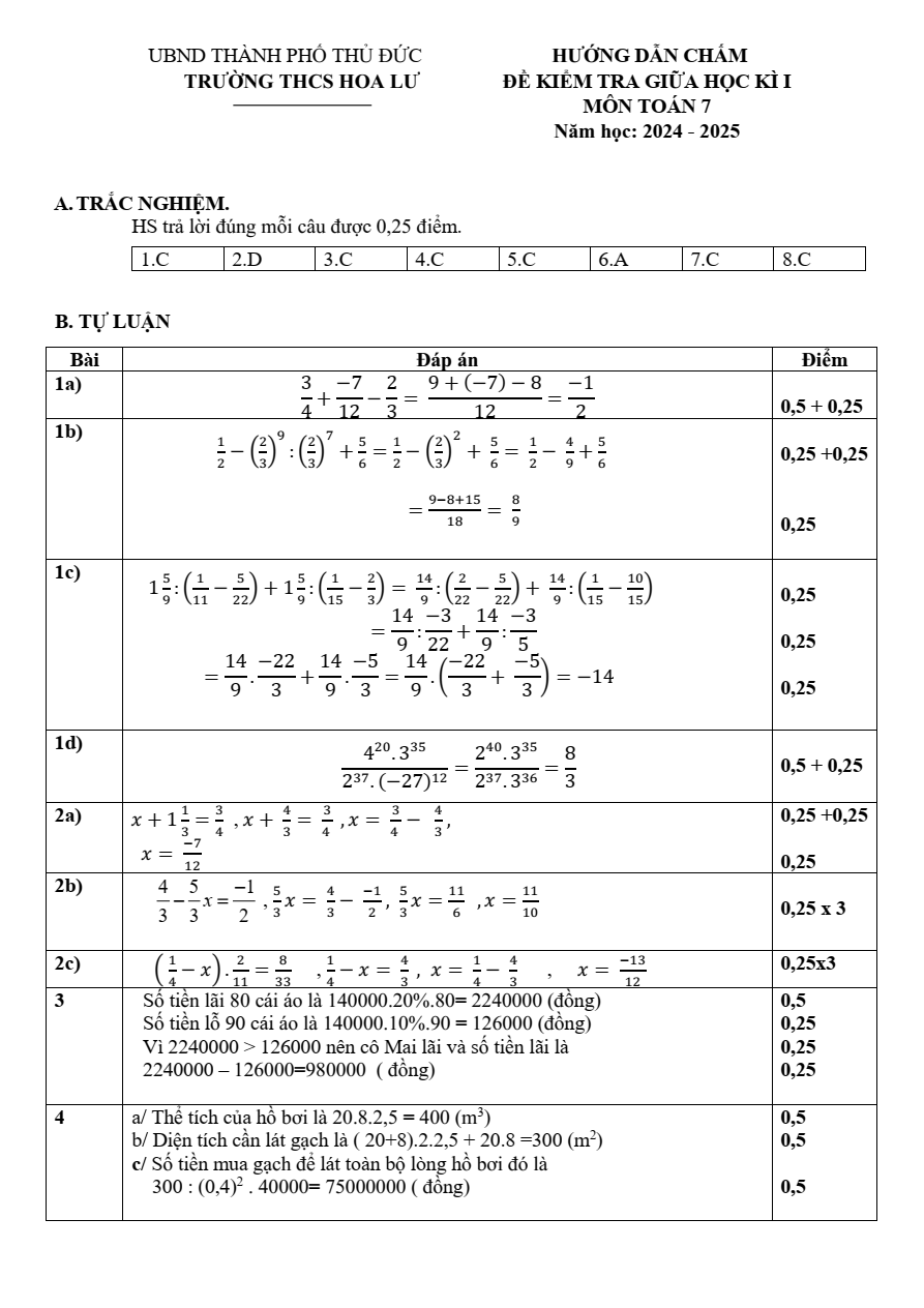 Đề thi Giữa kì 1 Toán 7 năm 2024-2025 Trường THCS Hoa Lư (Tp.HCM)