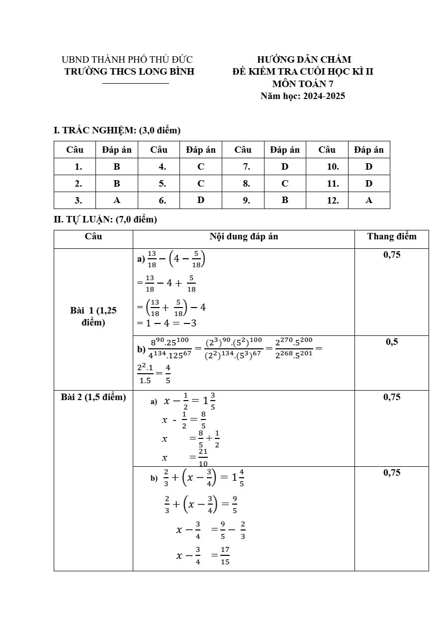 Đề thi Giữa kì 1 Toán 7 năm 2025 Trường THCS Long Bình (Tp.HCM)