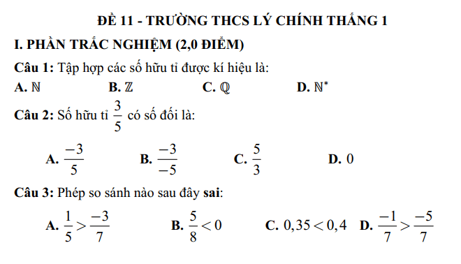 Đề thi Giữa kì 1 Toán 7 năm 2024-2025 Trường THCS Lý Chính Thắng 1 (Tp.HCM)